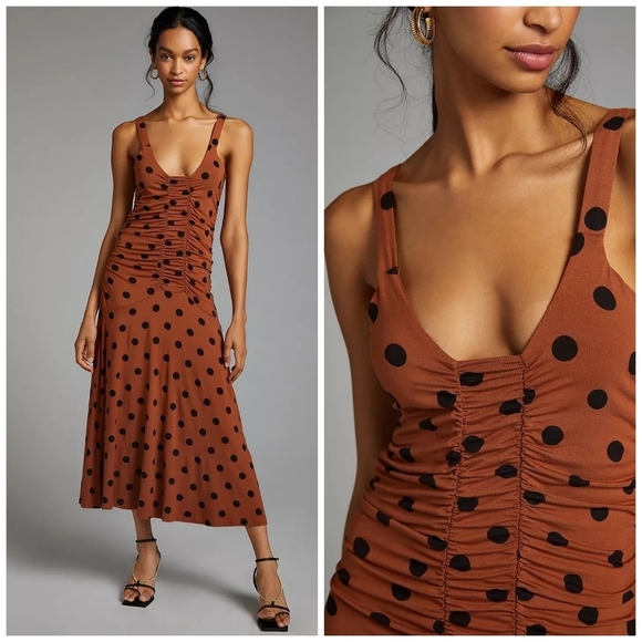 Anthropologie Polka Dot Ruched Midi Dress - Picture 2 of 7